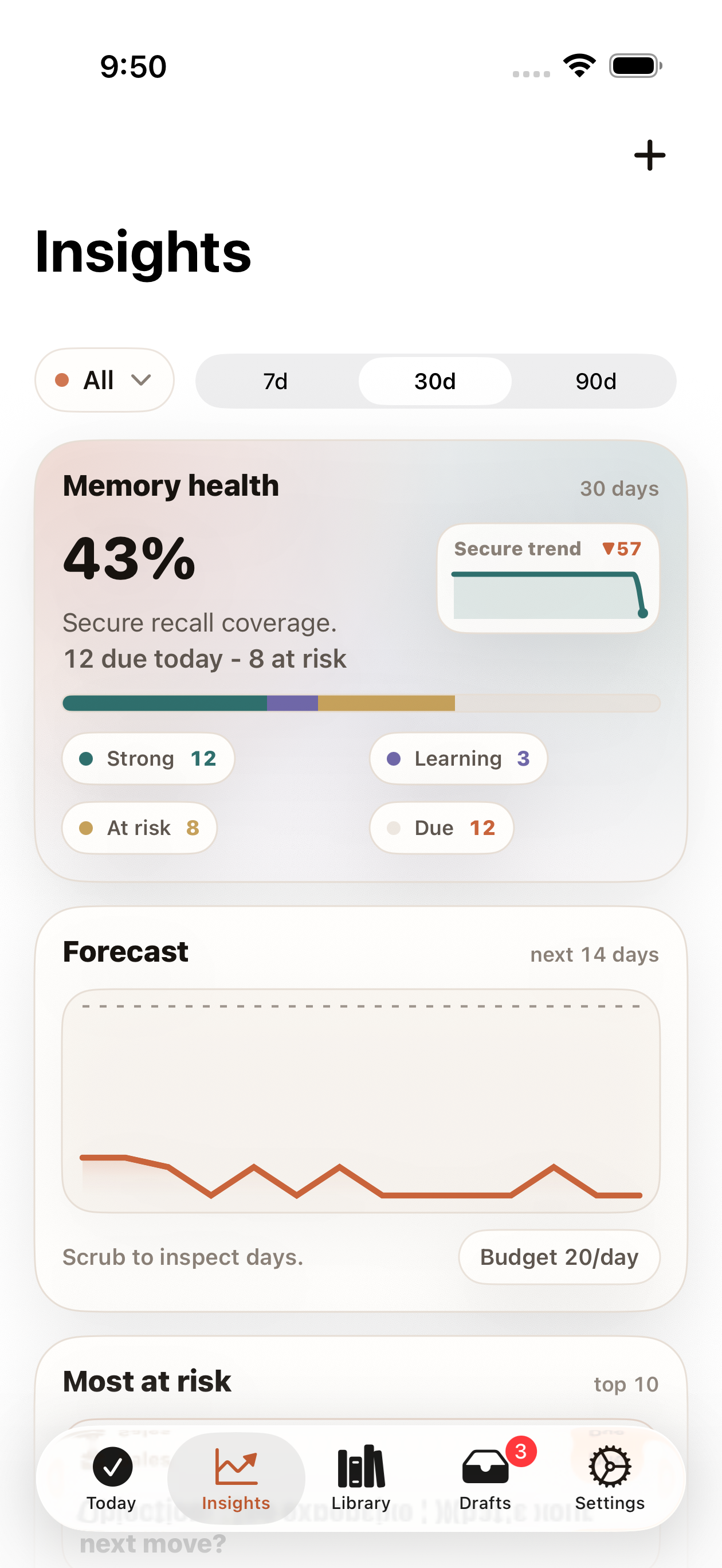 Recurve for iPhone showing Memory Arc and Forecast insights.