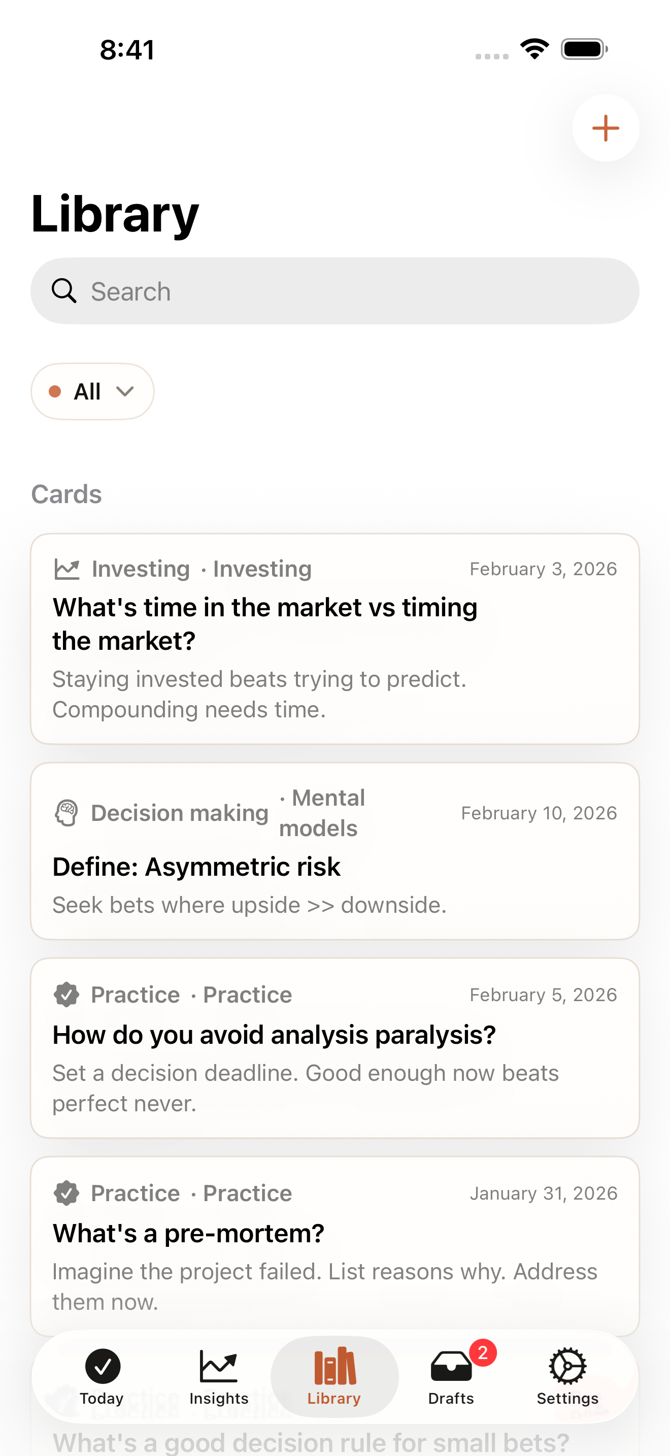 Recurve for iPhone showing the Library with cards and workspaces.