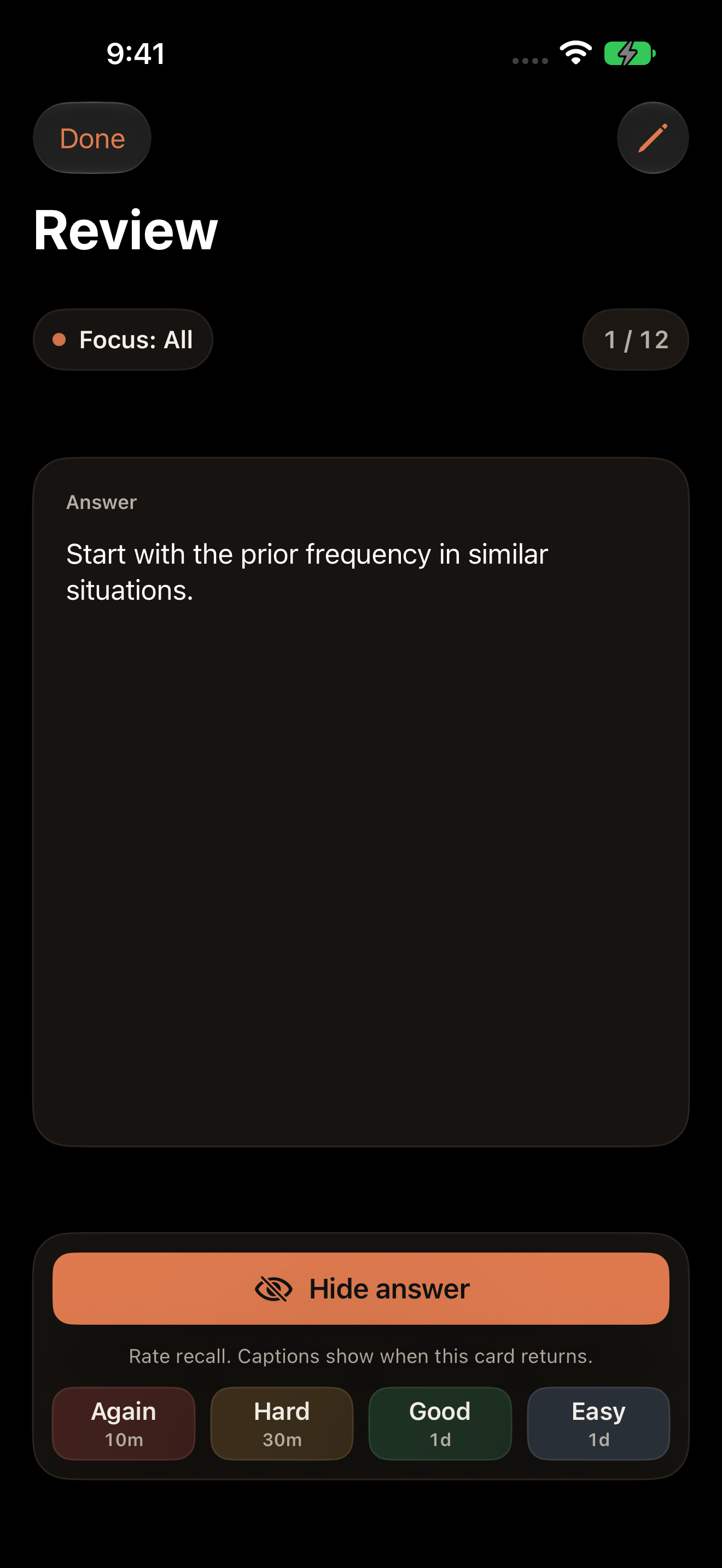 Recurve on iPhone in dark mode, showing a card answer and the Again, Hard, Good, and Easy recall ratings.