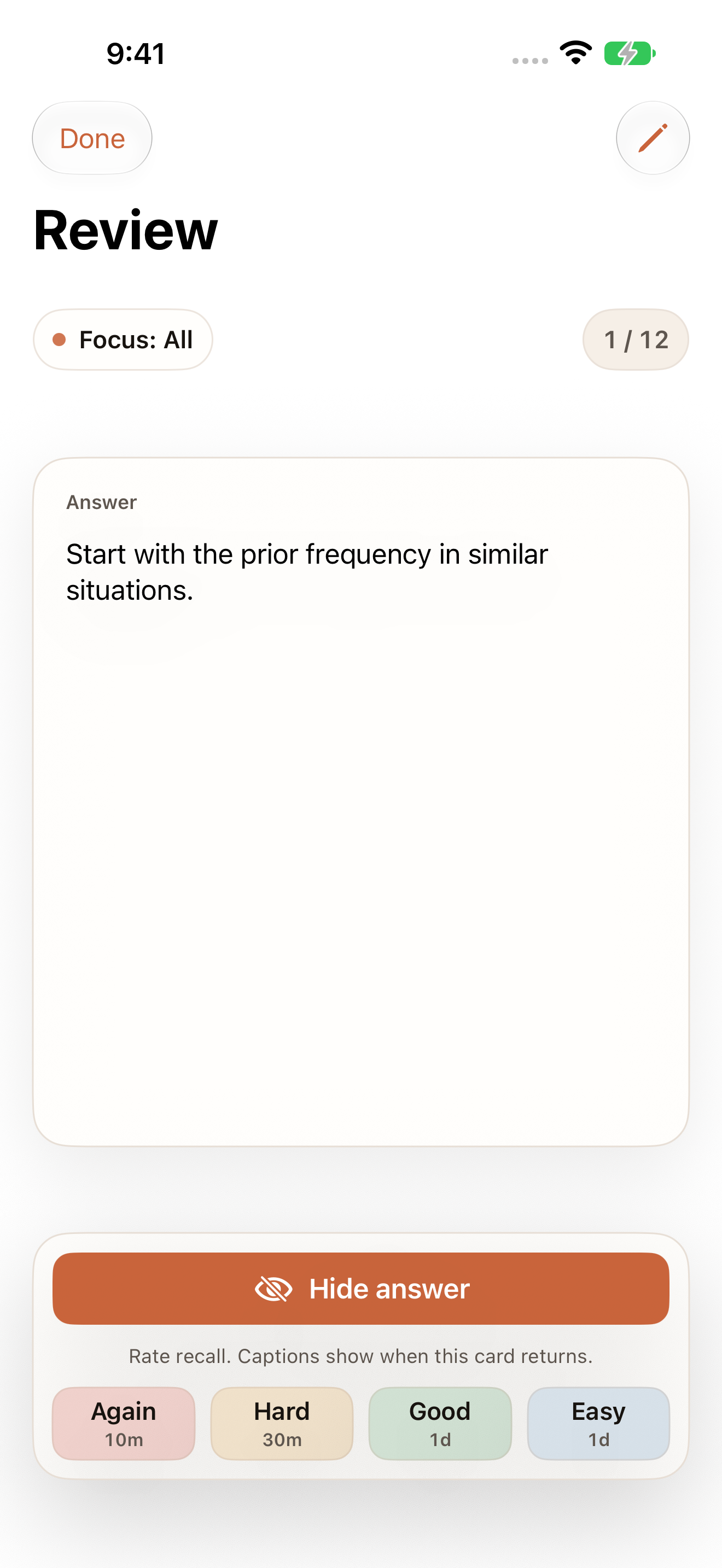 Recurve on iPhone in light mode, showing a card answer and the Again, Hard, Good, and Easy recall ratings.