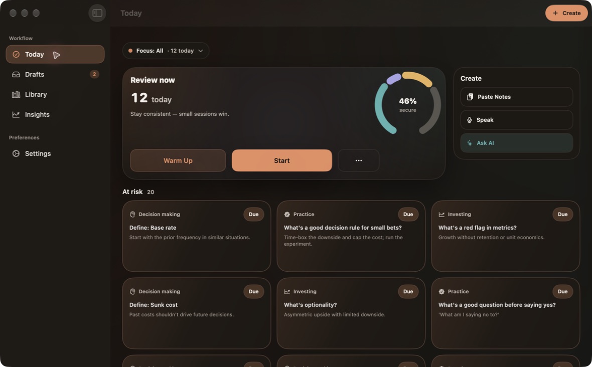 Recurve on Mac in dark mode, with Today, your library, and tools for creating cards in one workspace.