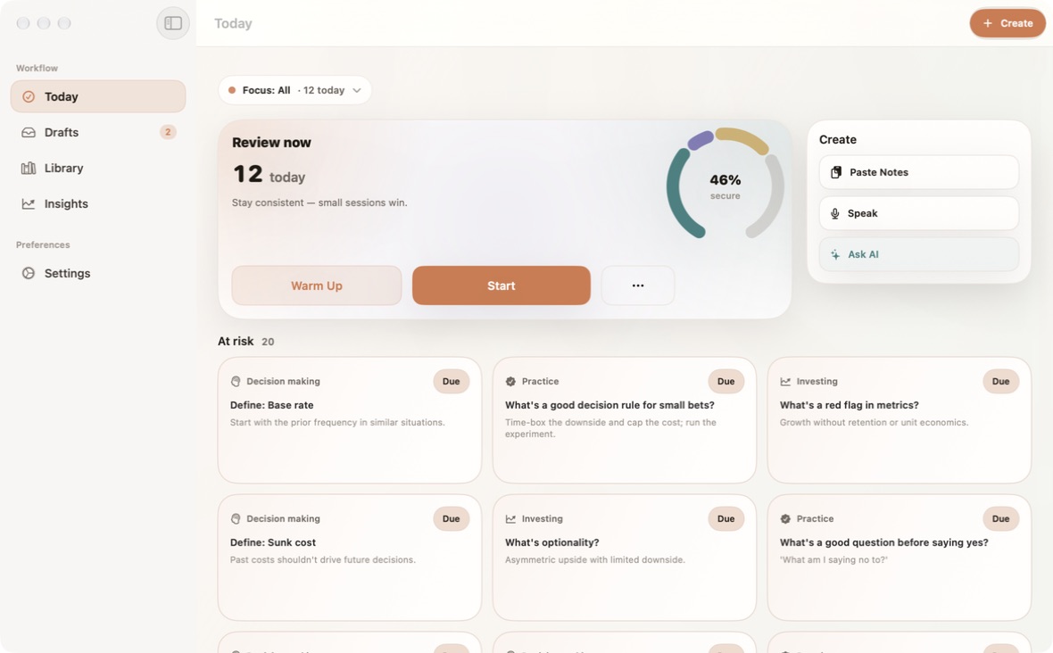 Recurve on Mac in light mode, with Today, your library, and tools for creating cards in one workspace.