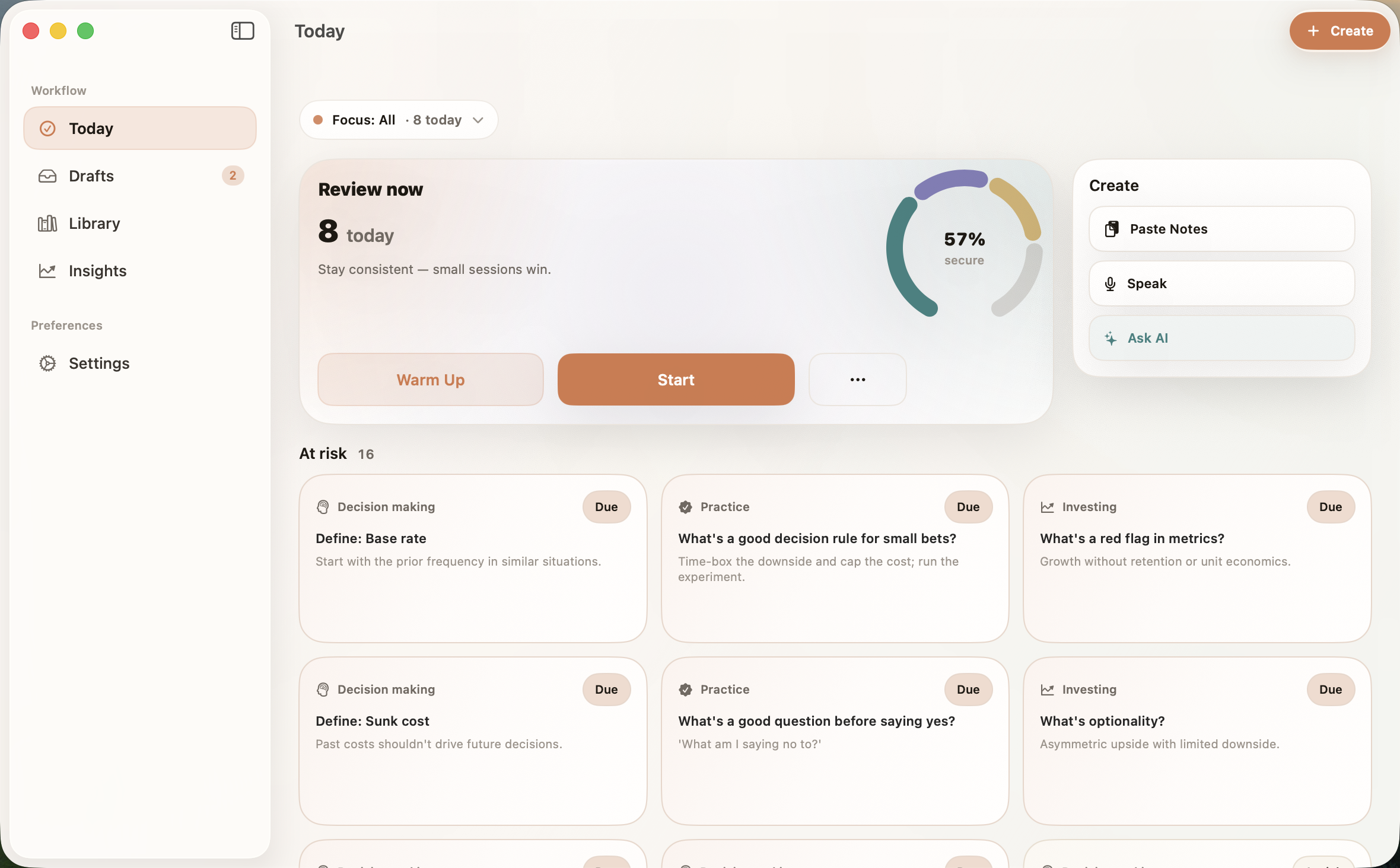 Recurve for Mac showing the Today screen and review plan.