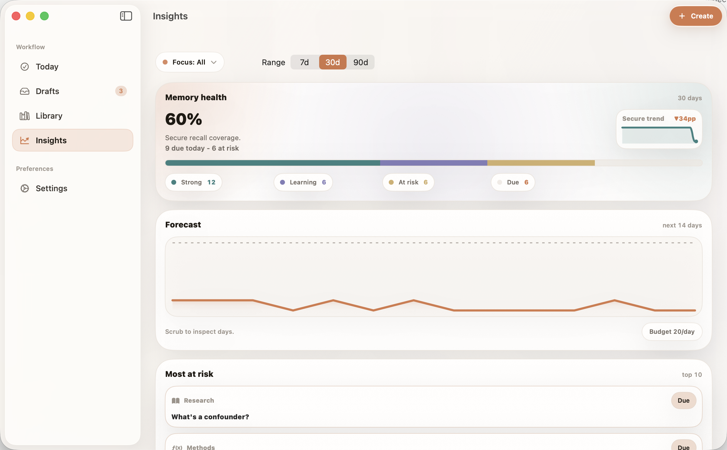 Recurve for Mac showing Memory Arc and Forecast insights.
