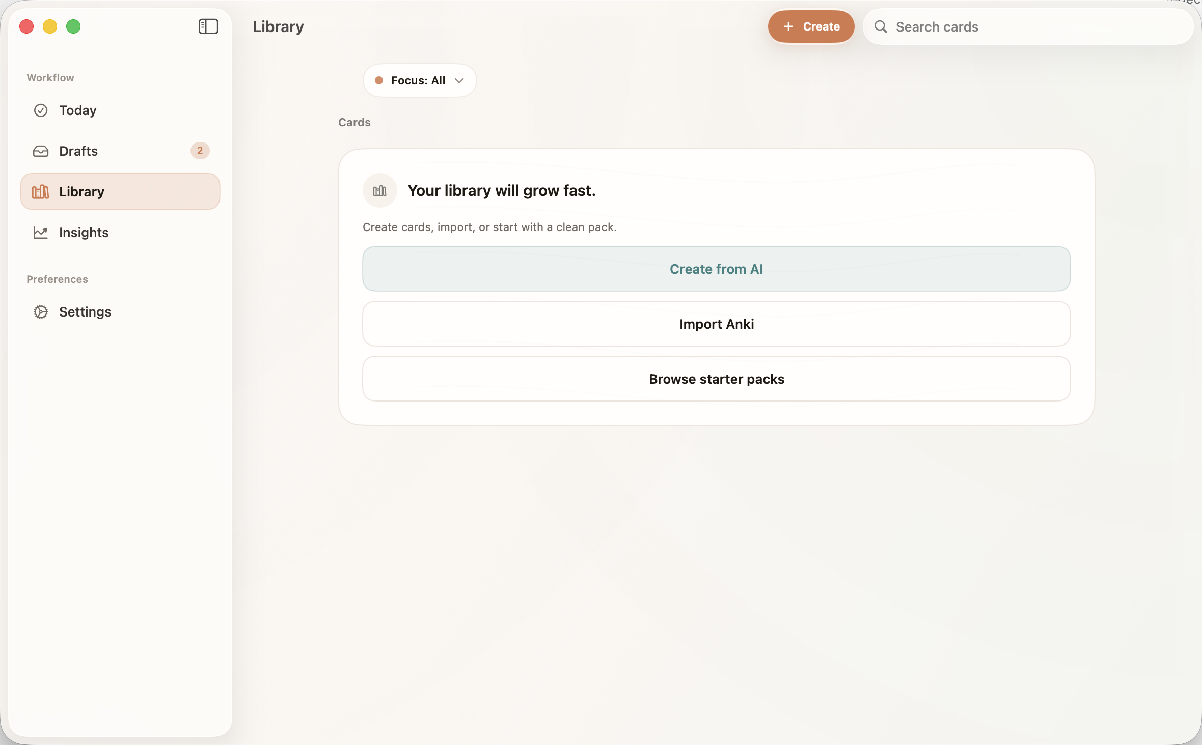 Recurve for Mac showing the Library for organizing workspaces and decks.